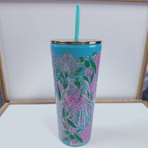 Lilly Pulitzer Acrylic Tumbler with Straw 24 oz Gold Lid EUC